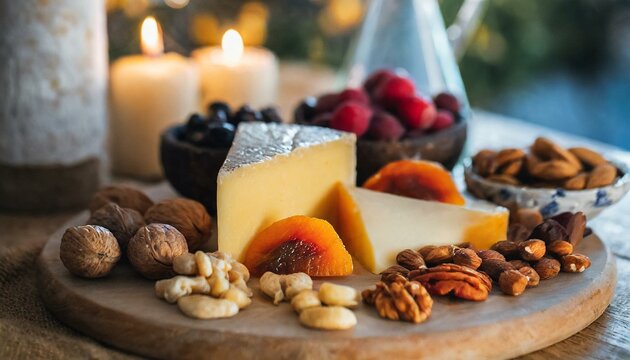 cheese  still life with nuts on a wooden plate