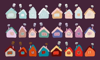 Big Vector Set, collection of Amsterdam, Holland houses, Crooked building Isolated Set. Cartoon or Flat Illustration, Childish Drawing for Book, Card, Poster, Logo Design Graphic, Architecture Element