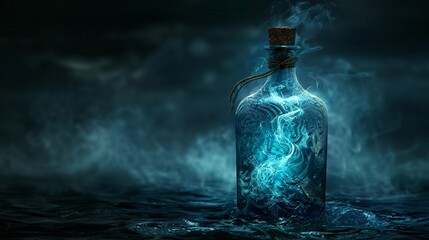 Antique bottle filled with swirling, luminescent liquid, set against a dark, mystical backdrop