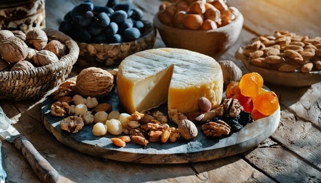 Cheese nuts and dried fruits on a wood plate