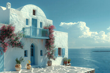 Beautiful building in Santorini style, reflecting Greek architectural charm