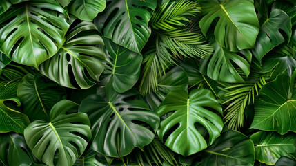 Tropical green leaves on a dark background