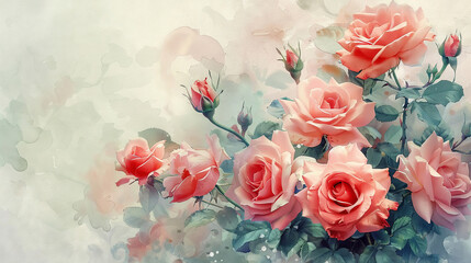 A cluster of roses in full bloom, watercolor style with high detail and soft background, for a luxurious greeting card
