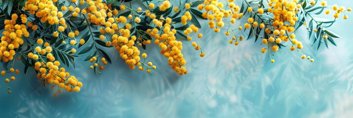 Fototapeta na wymiar yellow mimosa flowers on light blue background, spring flower