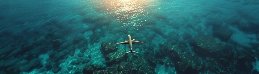 Wing over ocean, clear turquoise water below, midday sun, distant horizon, tranquil sea journey - obrazy, fototapety, plakaty