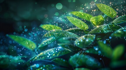 Abstract green eco natural technology dna with rain drops and plants. Macro. Futuristic background with glowing particles