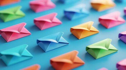 Many colorful paper envelopes on blue background.Marketing and business ideas through email, send and receive information online