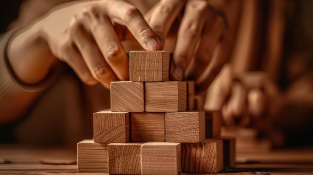 Businessman building a tower of wooden cubes. Business development concept. A person building a ower of blocks.