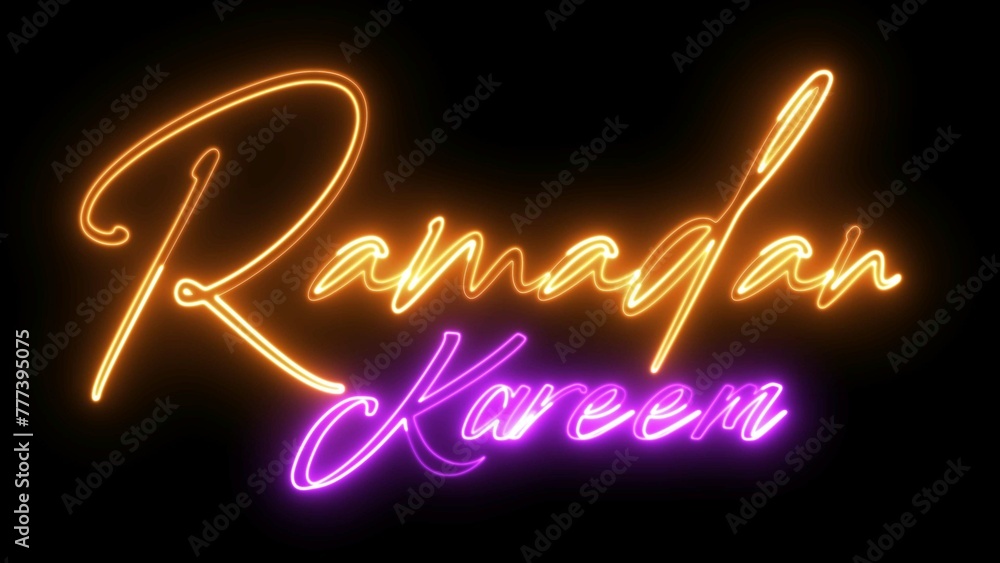 Poster ramadan kareem text font with neon light. luminous and shimmering haze inside the letters of the tex