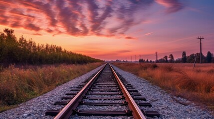 Fototapeta na wymiar railway tracks in a rural scene with nice pastel sunset