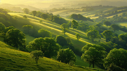 Obraz premium Picturesque summer valley, golden sunlight illuminating the rolling hills and vibrant greenery