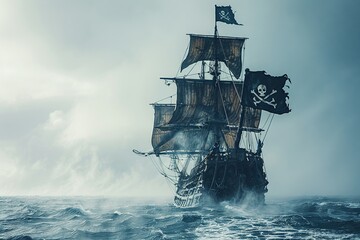 Pirate ship on a voyage across the ocean, flag signaling its ominous intent, in a timeless maritime setting