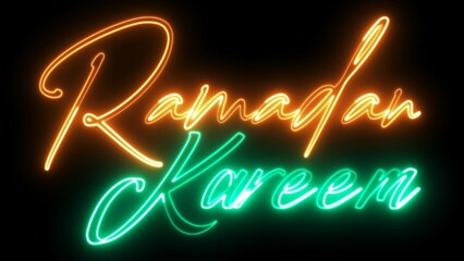 Ramadan Kareem text font with neon light. Luminous and shimmering haze inside the letters of the text Ramadan Kareem. Ramadan Kareem neon sign. 