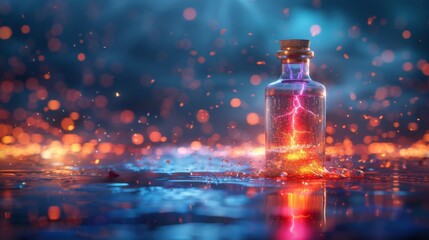 Magic potion in a bottle with lightning. Witchcraft concept - obrazy, fototapety, plakaty