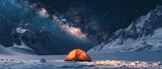 Starlit camping scene, tent under Milky Way, snowy mountain wilderness - obrazy, fototapety, plakaty