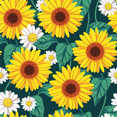 Seamless pattern of beautiful sunflowers with bright yellow and lush green. Modern floral pattern, Vintage floral background, Pattern for design wallpaper, Gift wrap paper and fashion prints.