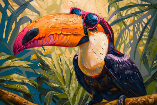 Painting of a toucan wearing sunglasses on top of the big beak