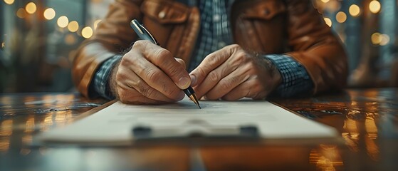 Businessman signing a lucrative contract after reviewing terms pen in hand. Concept Business, Contract, Agreement, Signing, Success