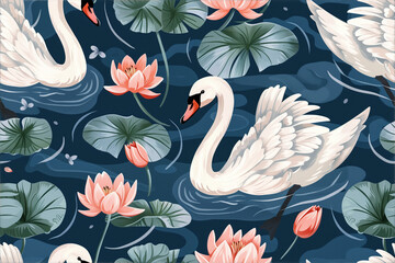 Swans and water lilies in a serene lake setting