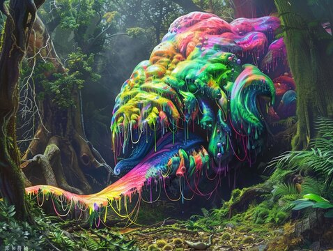 Gadzooks A creature excreting rainbow hues, fantasy forest, eyelevel, vibrant spectacle, whimsical , hyper realistic