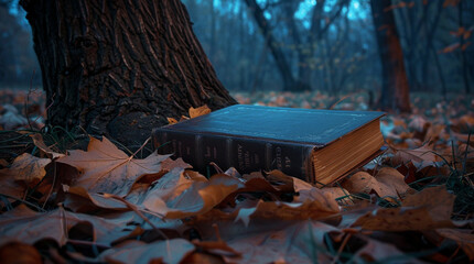 A closed book is lying under an old oak tree, autumn leaves are around, moonlight is visible at...