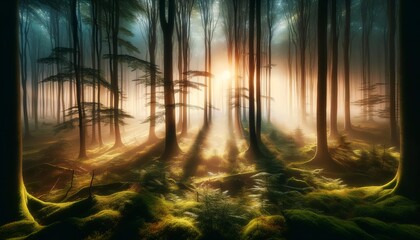 Misty forest at dawn, sunlight filtering through trees, close up, soft focus.