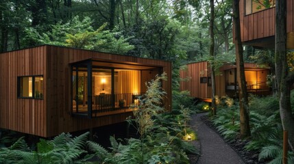 Modern eco-friendly treehouses in forest.