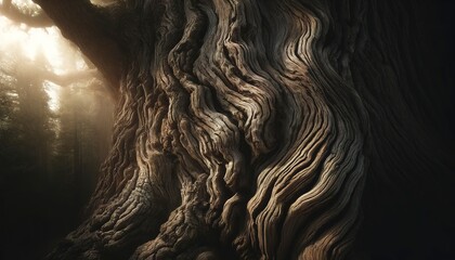 Twisted vine wrapping tree trunk, close up, detailed texture, natural lighting. 
