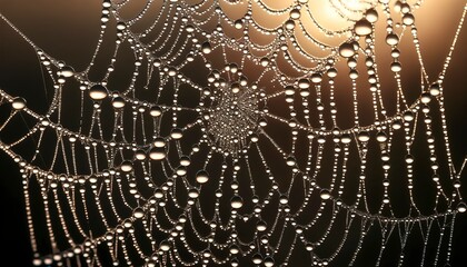 Dew drops on spider web, glistening in morning light, macro, high detail.