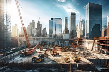 Urban construction area surrounded by skyscrapers, Cranes on the construction site, Ai generated - obrazy, fototapety, plakaty
