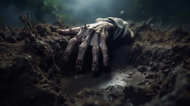 The hand of a zombie emerges from a grave in a cemetery, under the eerie night, Zombie hand emerging from the ground