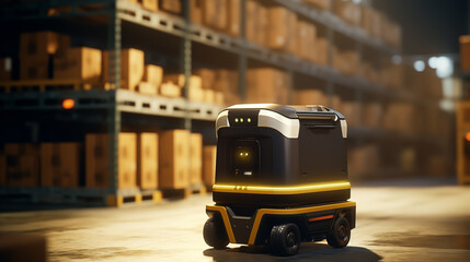 Warehouse automation concept. Automated robot carriers and robotic in modern distribution warehouse	