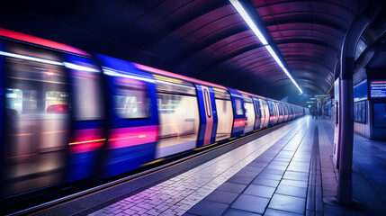 Tube station passing by at speed forming light trails from long exposure. Metro train passing station in fast movement, Transportation concept	