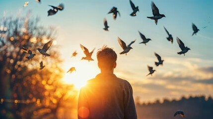 A boy with a flock of pigeons on the background of the setting sun