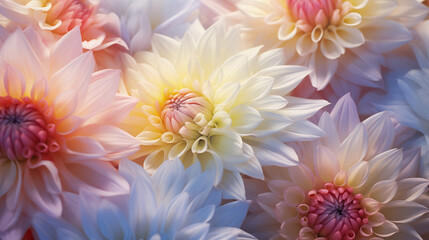 Beautiful colorful zinnia and dahlia flowers in full bloom, close up. Natural summery texture for background	