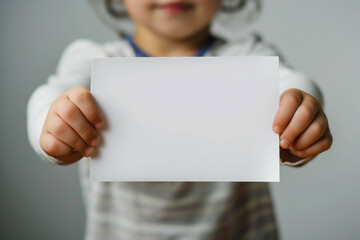Photo of a white sheet of paper in the hands of a child in front of the camera in white colors