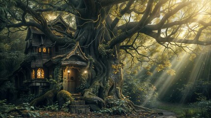 Beautiful old wooden house in the forest at sunset. Halloween concept
