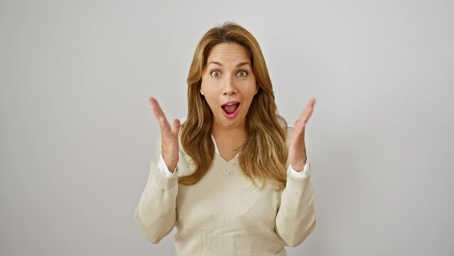 Beautiful young latin woman, standing, open-mouthed in amazed disbelief, scared surprise expression on her face isolated on a white background