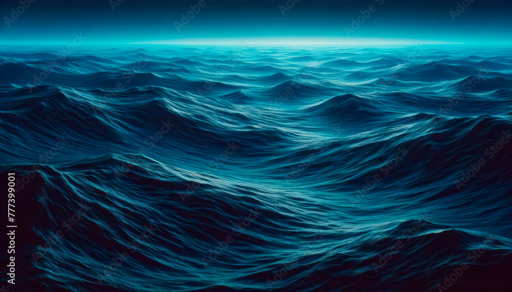 Poster abstract ocean waves in various shades of blue, digital art style, against a dark background, convey