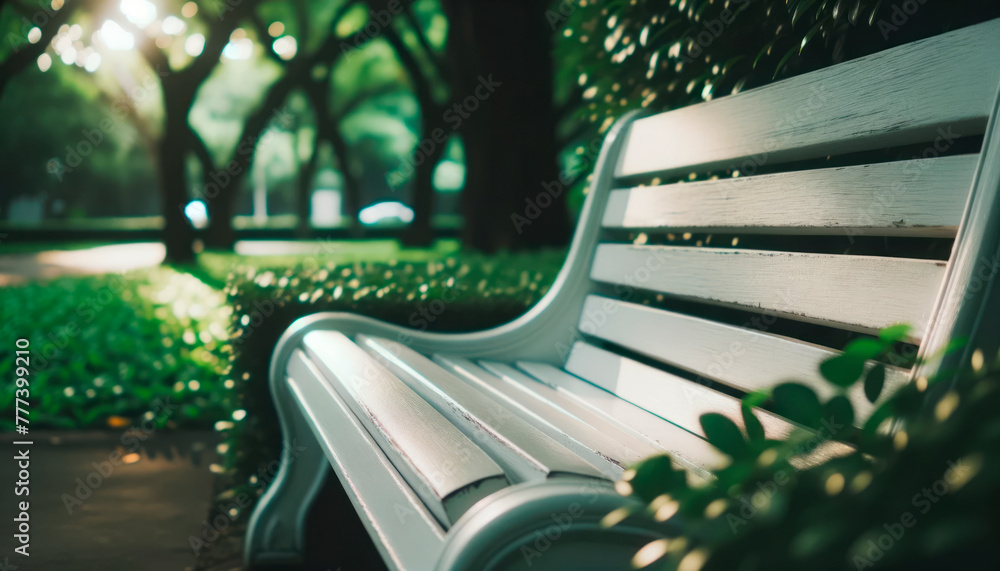 Poster a serene park bench amidst greenery on a blurred nature background, depicting tranquility and rest i