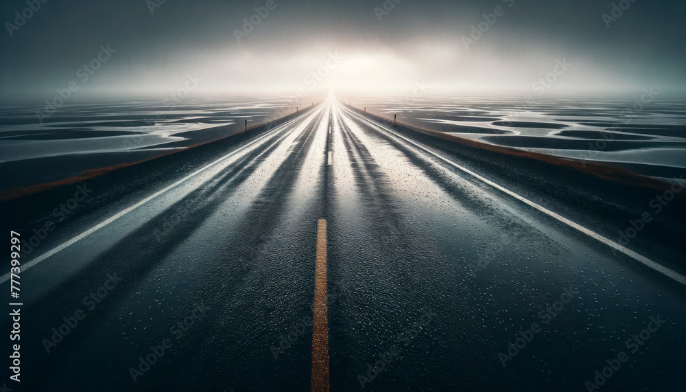 Poster a wet road stretching into the distance with a gloomy stormy sky as background, concept of journey u