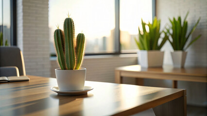 Modern living room interior with window and close up cactus in pot