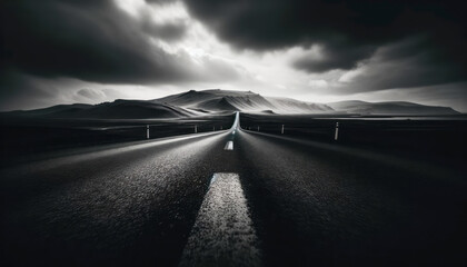 A moody black and white photo of a reflective road leading through dramatic landscapes under a dark...