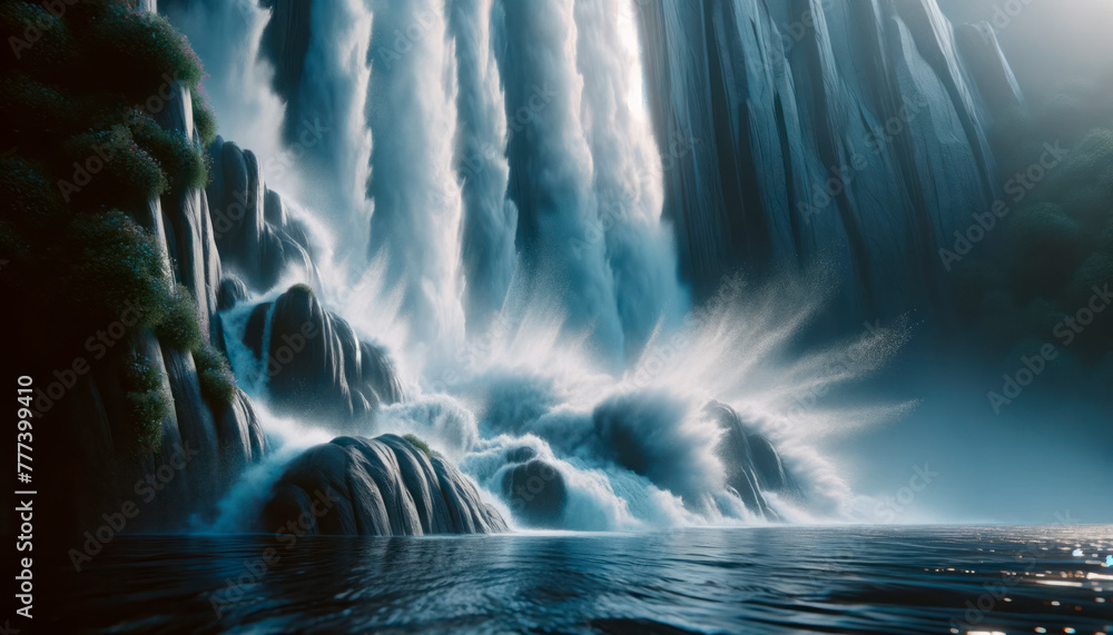 Poster a large, powerful waterfall cascading into a serene body of water under a moody sky, evoking a conce