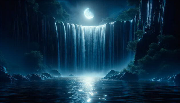 A serene moonlit waterfall scene with lush vegetation, reflective water surface, and a clear night sky, evoking tranquility. Generative AI