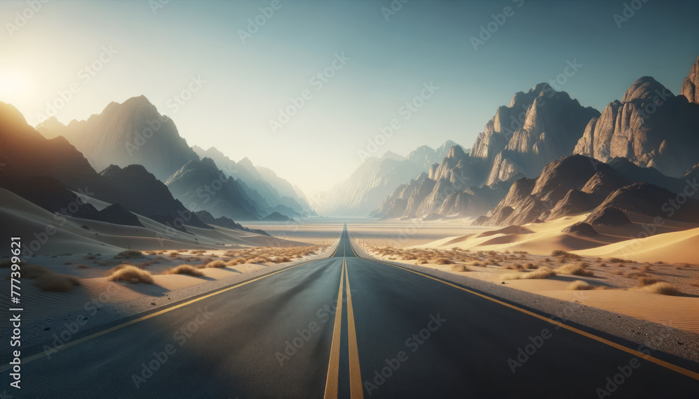 Aufkleber a straight road leading through a vast desert with sand dunes and rugged mountains under a clear sky