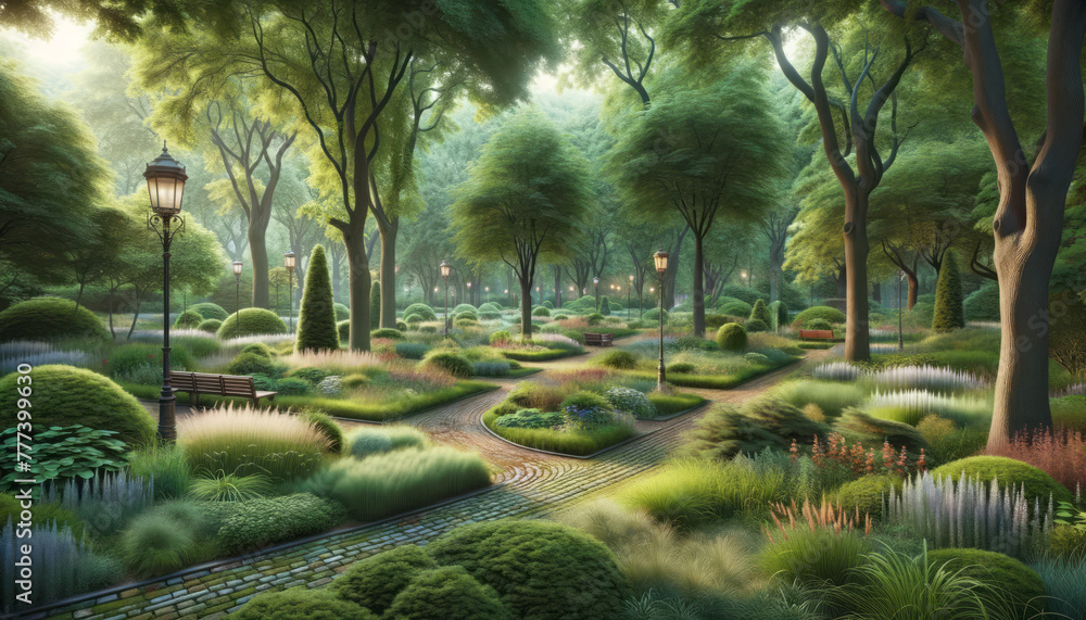 Poster a tranquil park scene with lush greenery, cobblestone paths, and ornate lamp posts, set in a mystica