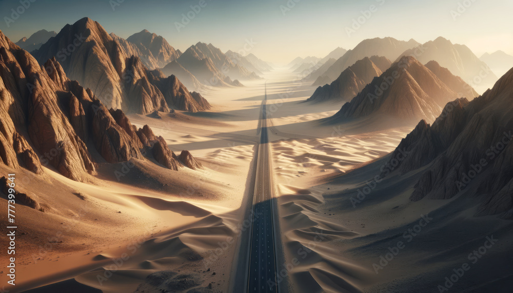 Poster an expansive desert landscape with towering sand dunes and a straight road cutting through, under a 