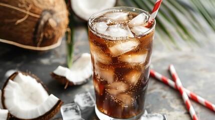 Two glasses of iced cold beverage with coconut on wooden table. - obrazy, fototapety, plakaty