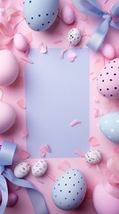 Easter eggs with decorative patterns and ribbons on a pastel background with copyspace.